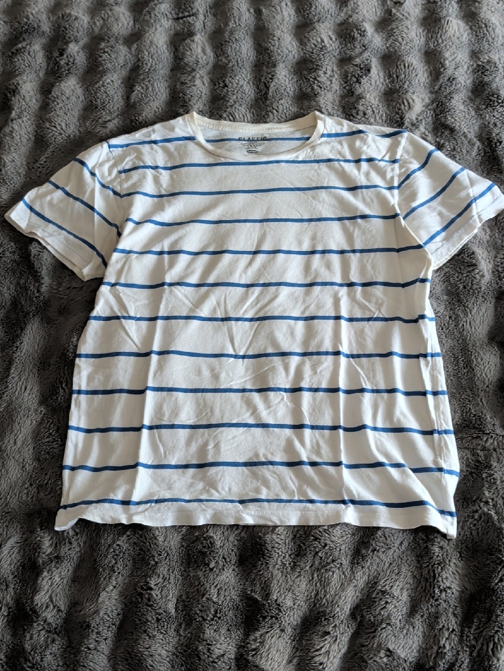 White T-Shirt with Blue Horizontal Stripes
